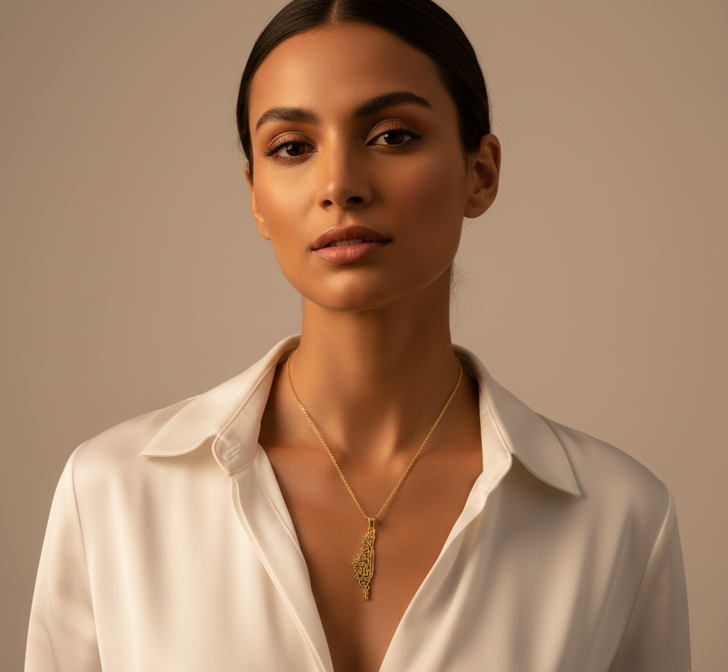 Woman wearing a white shirt and gold necklace against a beige background