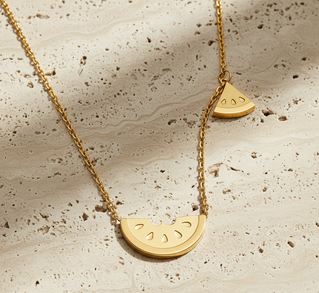 Gold necklace with watermelon slice pendants on a textured beige surface