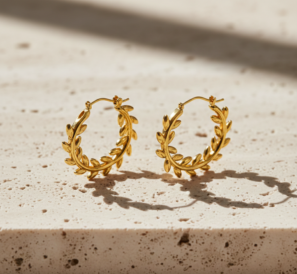 Gold hoop earrings with leaf design on a textured surface
